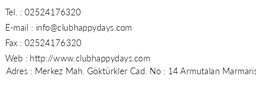 Club Happy Days telefon numaralar, faks, e-mail, posta adresi ve iletiim bilgileri